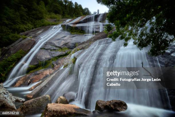 waterfall "la grande" in lagoon alerces area longexposition shot - américa del sur stock pictures, royalty-free photos & images