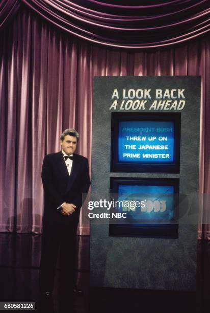 Episode 140 -- Pictured: Host Jay Leno during the 'A Look Back, A Look Forward' segment on December 31, 1992 -- Photo by: Joseph Del Valle/NBC/NBCU...