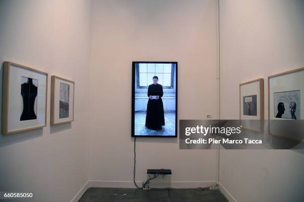 Video of Marina Abramovic is displayed during the Miart Fair 2017 at Fiera Milano City on March 30, 2017 in Milan, Italy.