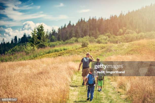 vater mit kindern wandern in schöner natur - familie wandern stock-fotos und bilder