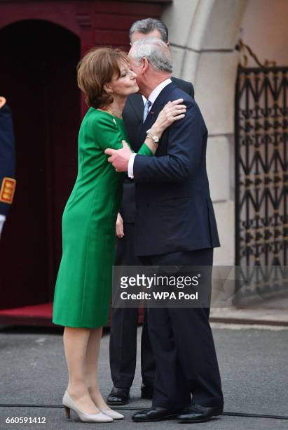 Prince Charles, Prince of Wales greets Crown Princess Margareta of Bucharest during a Tea with the Romanian Royal Family on the second day of his...