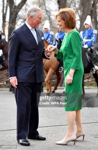 Prince Charles, Prince of Wales greets Crown Princess Margareta of Bucharest during a Tea with the Romanian Royal Family on the second day of his...