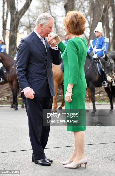 Prince Charles, Prince of Wales greets Crown Princess Margareta of Bucharest during a Tea with the Romanian Royal Family on the second day of his...