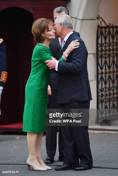Prince Charles, Prince of Wales greets Crown Princess Margareta of Bucharest during a Tea with the Romanian Royal Family on the second day of his...