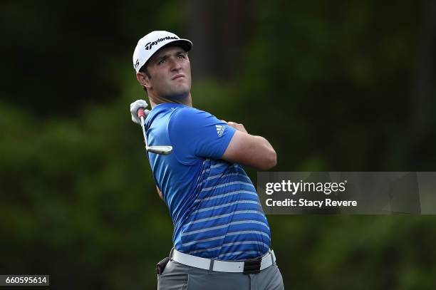 Jon Rahm of Spain hits his tee shot on the 14th hole during the first round of the Shell Houston Open at the Golf Club of Houston on March 30, 2017...