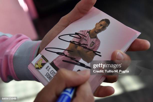 Citta' di Palermo player Edoardo Goldaniga visits Club Store at Renzo Barbera stadium on March 30, 2017 in Palermo, Italy.