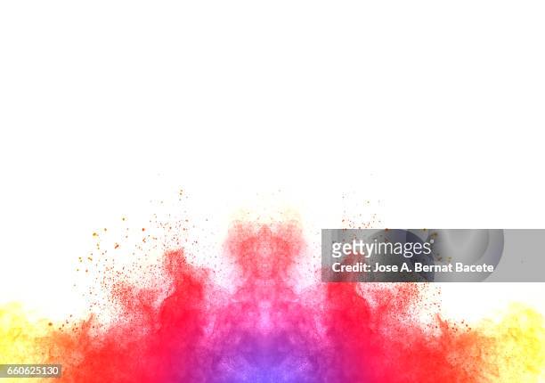 explosion of a cloud of powder of particles of  red and pink color on a white background - blanco color stock pictures, royalty-free photos & images