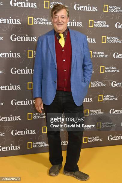 Stephen Fry attends the London Premiere of the National Geographic Channel's "Genius" at the Cineworld Haymarket on March 30, 2017 in London, United...