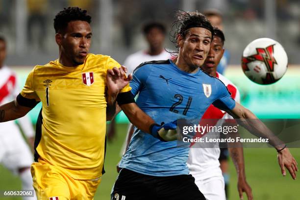 Edinson Cavani of Uruguay fights for the ball with Pedro Gallese of Peru during a match between Peru and Uruguay as part of FIFA 2018 World Cup at...