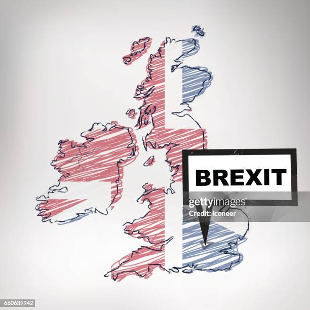 vereinigtes königreich kritzelte karte mit brexit etikett auf grauem hintergrund - brexit stock-grafiken, -clipart, -cartoons und -symbole