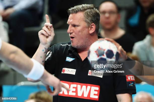 Head coach Nikolaj Jacobsen of Rhein-Neckar Loewen reacts during the EHF Champions League Quarter Final Leg 2 match between Rhein Neckar Loewen and...