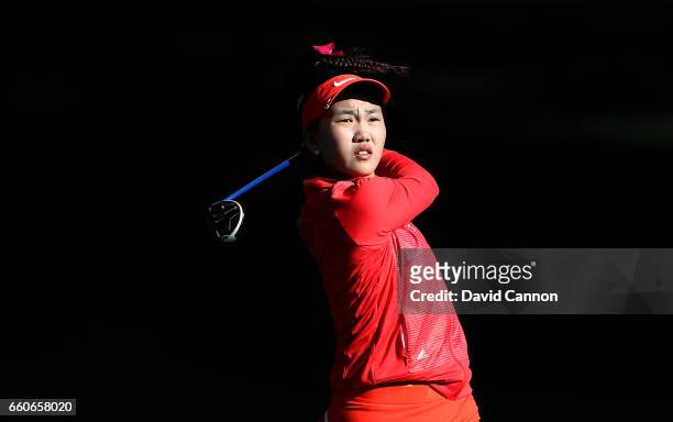 Lucy Li of the United States the 14yr old amateur qualifier plays her second shot on the par 5, second hole during the first round of the 2017 ANA...