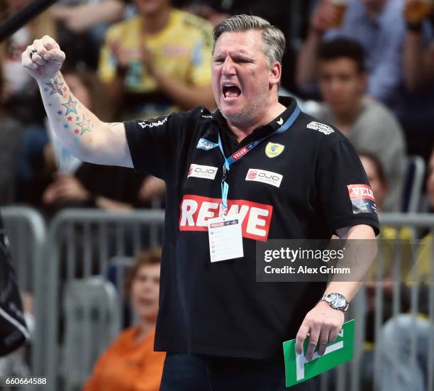 Head coach Nikolaj Jacobsen of Rhein-Neckar Loewen reacts during the EHF Champions League Quarter Final Leg 2 match between Rhein Neckar Loewen and...