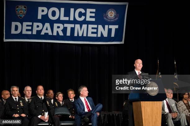 New York City Police Commissioner James O'Neill delivers remarks during a police academy graduation ceremony for the newest members of the New York...