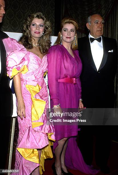 Yasmin Aga Khan, Catherine Deneuve and Anthony Quinn circa 1988 in New York City.