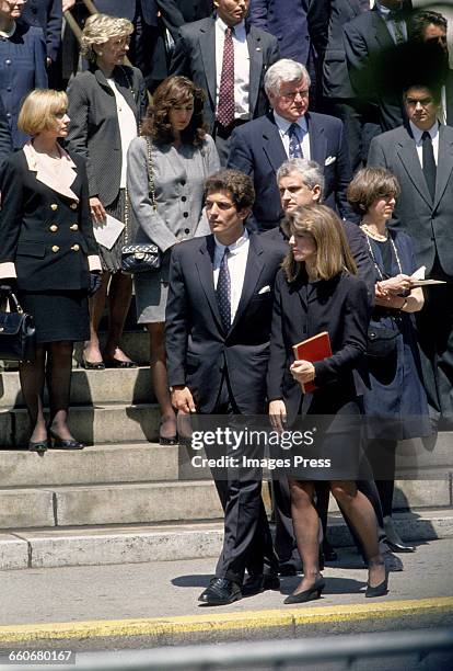 Members of the Kennedy family including John F. Kennedy Jr., Caroline Kennedy, Edwin Schlossberg and Ted Kennedy attends the funeral of Jacqueline...