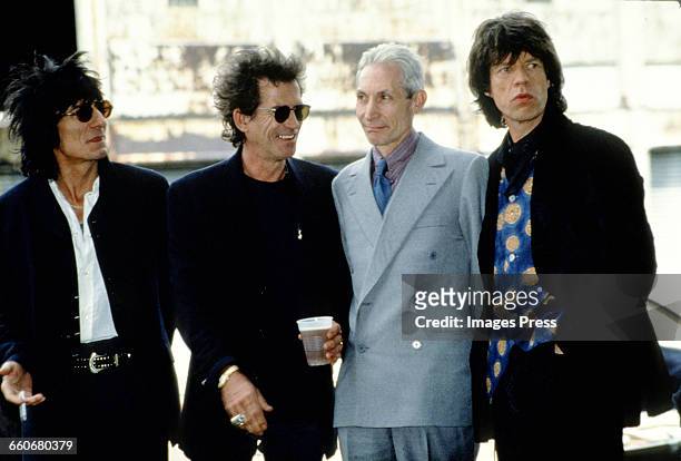 Ronnie Wood, Keith Richards, Charlie Watts, Mick Jagger of The Rolling Stones attend the press conference announcing their Voodoo Lounge tour circa...