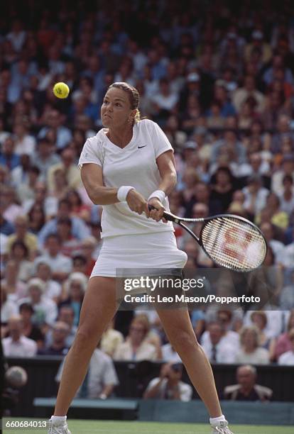 American tennis player Lindsay Davenport pictured in action during progress to reach the final of the Ladies' Singles tournament at the Wimbledon...