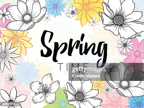Spring Animation Wording Spring Time Wording With Hand Drawn Colorful Flowers On White ...