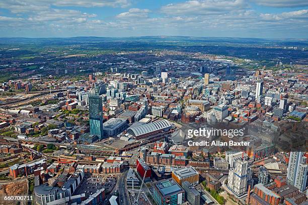 aerial view of manchester city centre - manchester england stock-fotos und bilder