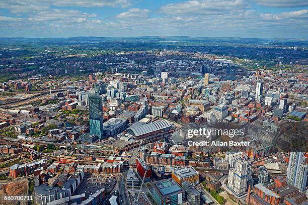 aerial view of manchester city centre - aerial view of manchester stock pictures, royalty-free photos & images