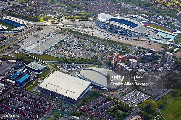aerial view of the etihad, home of manchester city - manchester england stock pictures, royalty-free photos & images