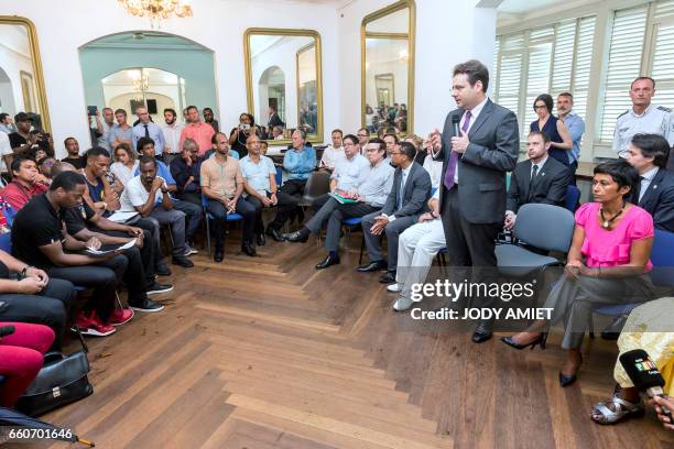 French Overseas Territories Minister Ericka Bareigts and French Interior Minister Matthias Fekl attend a meeting with representatives of collectives...