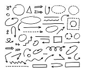 Handcrafted elements. Hand drawn vector arrows set on white background