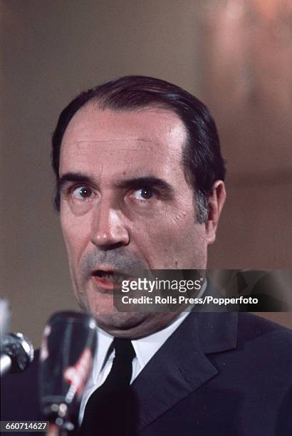 French socialist politician and leader of the Federation of the Democratic and Socialist Left, Francois Mitterrand pictured at a press conference in...