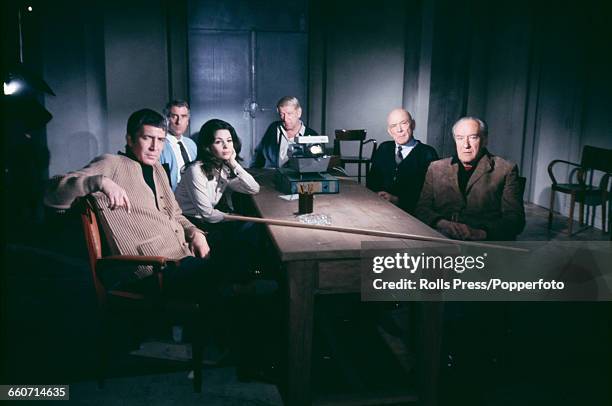 Stars of the feature film 'The Kremlin Letter', from left to right, Patrick O'Neal, Barbara Parkins, Nigel Green , Richard Boone, Dean Jagger and...