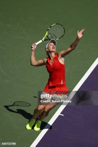 Caroline Wozniacki of Denmark in action against Karolina Pliskova of Czech Republic in the semi finals at Crandon Park Tennis Center on March 30,...