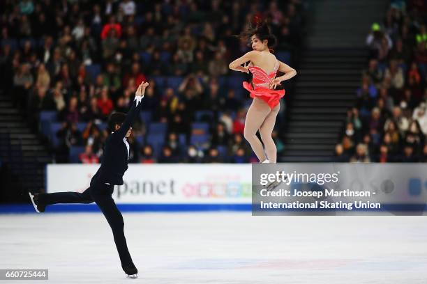 Wenjing Sui and Cong Han of China compete in the Pairs Free Skating during day two of the World Figure Skating Championships at Hartwall Arena on...
