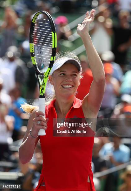 Caroline Wozniacki of Denmark match point against Karolina Pliskova of the Czech Republic during Day 11 of the Miami Open at Crandon Park Tennis...