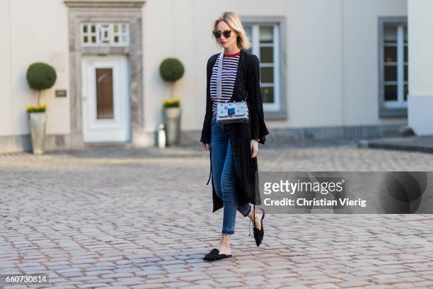 Lisa Hahnbueck wearing Topshop Unique Kimono, &other stories striped long sleeve, citizens of Humanity Jeans, Alberta Ferretti Mules, Jimmy Choo...