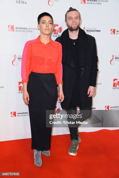 Alina Sueggeler and Andi Weizel of the band Frida Gold attend the 9th GEMA Musikautorenpreis at Ritz Carlton Hotel on March 30, 2017 in Berlin,...
