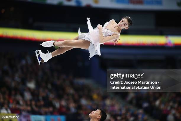 Xiaoyu Yu and Hao Zhang of China compete in the Pairs Free Skating during day two of the World Figure Skating Championships at Hartwall Arena on...