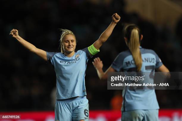 Steph Houghton of Manchester City celebrates victory during the UEFA Women's Champions League Quarter Final second leg match between Manchester City...
