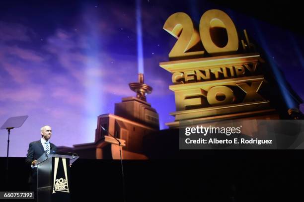 20th Century Fox President of Domestic Distribution Chris Aronson speaks onstage at CinemaCon 2017 20th Century Fox Invites You to a Special...