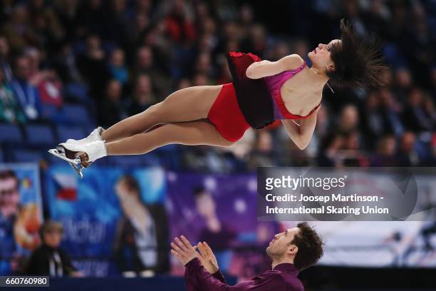 Liubov Ilyushechkina and Dylan Moscovitch of Canada compete in the Pairs Free Skating during day two of the World Figure Skating Championships at...