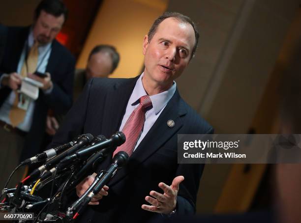 House Intelligence Committee ranking member Adam Schiff speaks to the media about the committee's investigation into alleged Russian interference in...