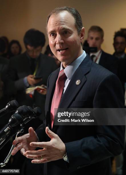 House Intelligence Committee ranking member Adam Schiff speaks to the media about the committee's investigation into alleged Russian interference in...