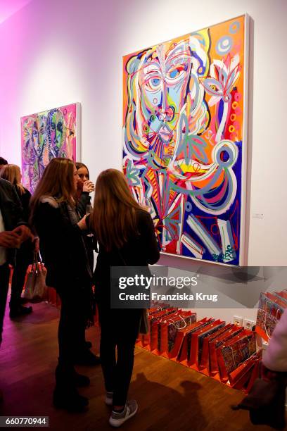 General view at the opening of the exhibition 'Vision' by German artist Leon Loewentraut at artbox berlin gallery on March 30, 2017 in Berlin,...