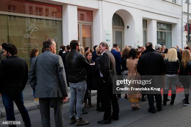 General view at the opening of the exhibition 'Vision' by German artist Leon Loewentraut at artbox berlin gallery on March 30, 2017 in Berlin,...