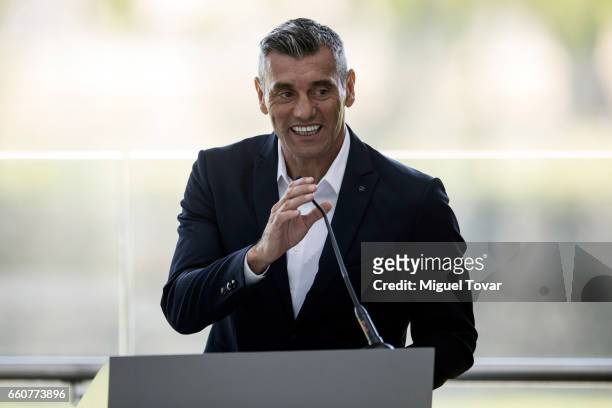 Sergio Goycochea Confederations Cup Ambassador and former soccer players speaks during the visit of the FIFA 2017 Confederations Cup at Nueva Casa...