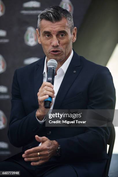 Sergio Goycochea Confederations Cup Ambassador and former soccer players speaks during the visit of the FIFA 2017 Confederations Cup at Nueva Casa...