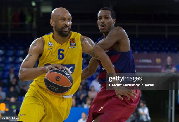 Devin Smith, #6 of Maccabi Fox Tel Aviv in action during the 2016/2017 Turkish Airlines EuroLeague Regular Season Round 29 game between FC Barcelona...