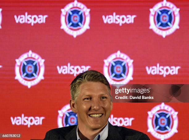 The Chicago Fire Introduce Bastian Schweinsteiger during a press conference on March 29, 2017 at the The PrivateBank Fire Pitch in Chicago, Illinois.