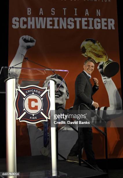 The Chicago Fire Introduce Bastian Schweinsteiger during a press conference on March 29, 2017 at the The PrivateBank Fire Pitch in Chicago, Illinois.