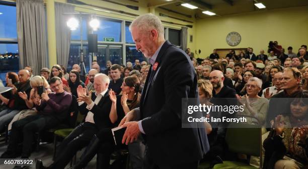 Labour leader Jeremy Corbyn is greeted by party supporters at the River Tees Watersports Centre during a visit to rally local support on March 30,...