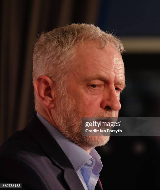 Labour leader Jeremy Corbyn addresses party supporters at the River Tees Watersports Centre during a visit to rally local support on March 30, 2017...